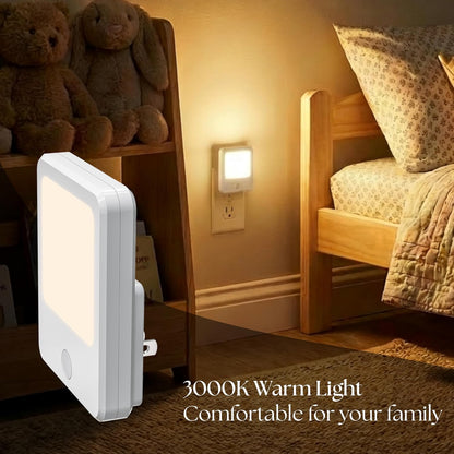 DYMOND Plug in Night Lights with Motion Sensor Dusk to Dawn, Dimmable Warm White Soft Light for Hallway, Bedroom, Bathroom, Stairway, Kids Room 2-Pack