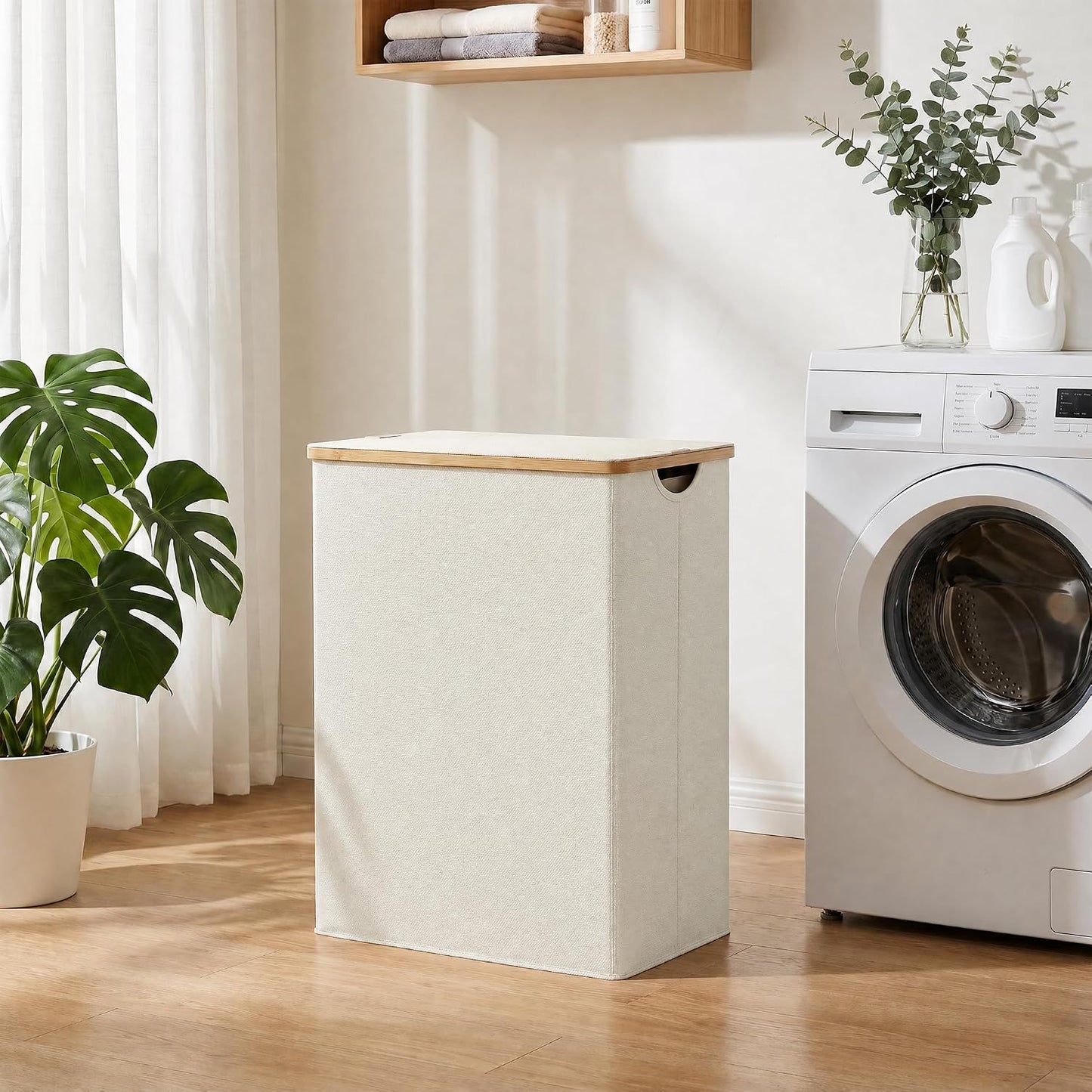efluky Laundry Hamper with Lid, Trio Laundry Basket with 2 Removable Bags, 3 Section Laundry Bin with Bamboo Handles for Bathroom, Bedroom & Laundry Room, 160L (42.3 Gallon) Beige
