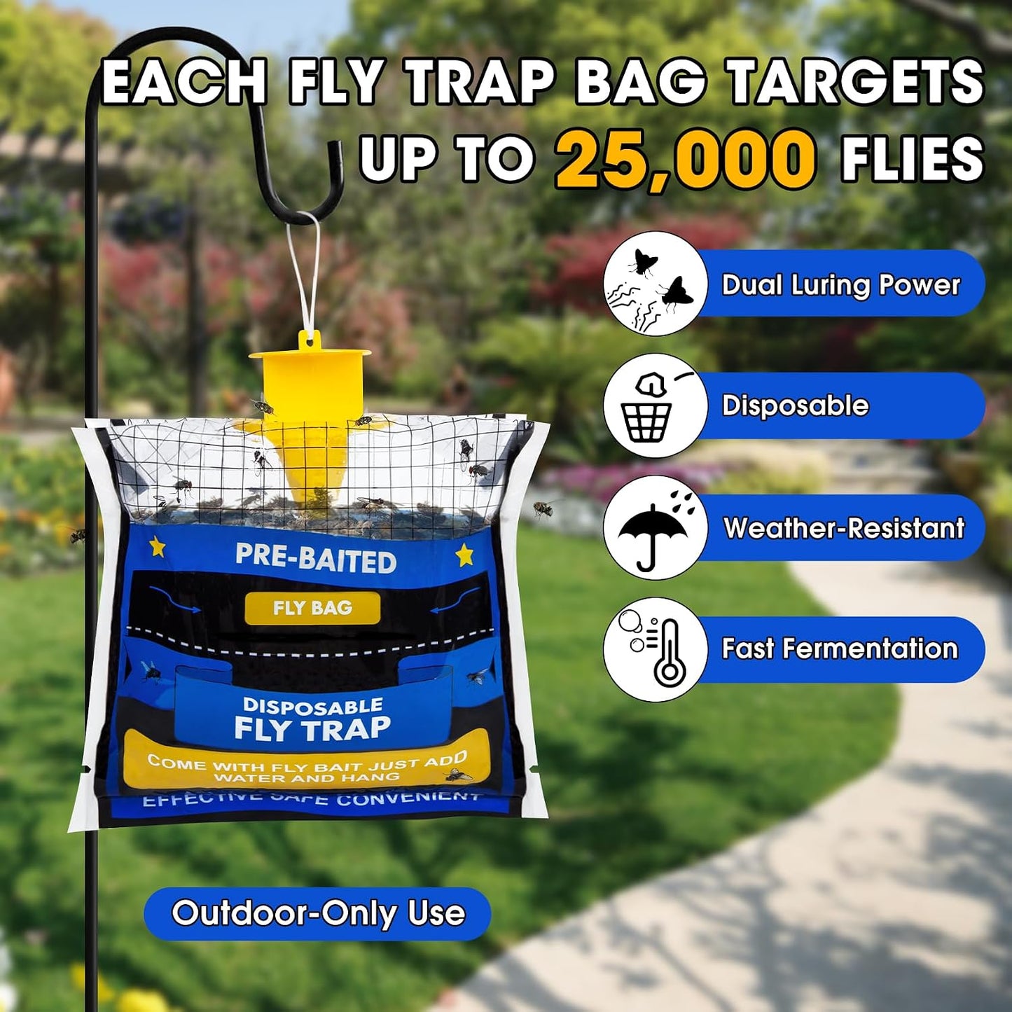 6 Pack Fly Traps Outdoor Hanging for Patio, Outdoor Disposable Hanging Fly Trap with 30g Bait, Bug Fly Hunter Catcher Killer Control for Barn Horse Ranch Chicken Coop