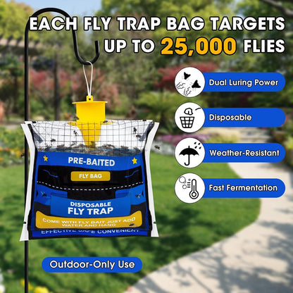 6 Pack Fly Traps Outdoor Hanging for Patio, Outdoor Disposable Hanging Fly Trap with 30g Bait, Bug Fly Hunter Catcher Killer Control for Barn Horse Ranch Chicken Coop
