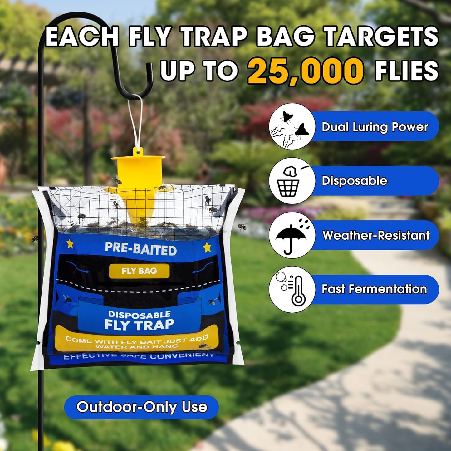 Big Disposable Hanging Fly Trap Bag 4 Pack for Chicken Coop Barn Ranch Farm | 50g Dissolvable Bait Fly Hunter for Flying Insects, Large Clear Capacity, No Messy Cleanup, Weatherproof Outdoor-only Use