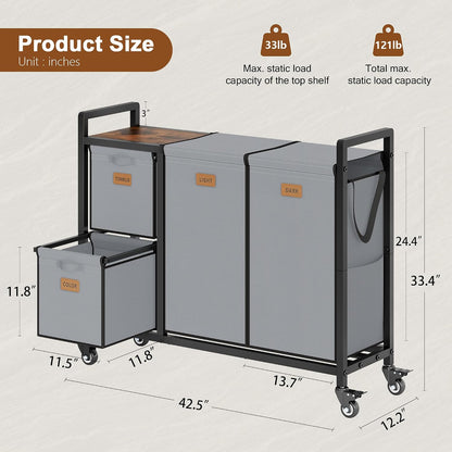 Hoctieon 4 Section Laundry Cart, 48 Gal. (182L) Laundry Hamper with Lid, Laundry Basket with Wheels, Rolling Laundry Sorter Organizer with Shelf, Clothes Separator with Removable Bags, Black