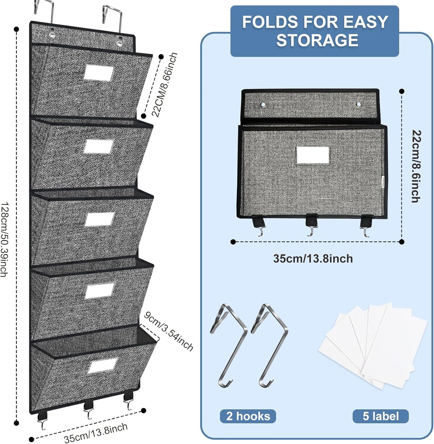 homyfort Over the Door File Organizer, Wall Hanging File Folders with 5 Large Pocket for Mails, Magazines, Back to School Supplies,Office Chart Storage, Paper Organization (Grey)