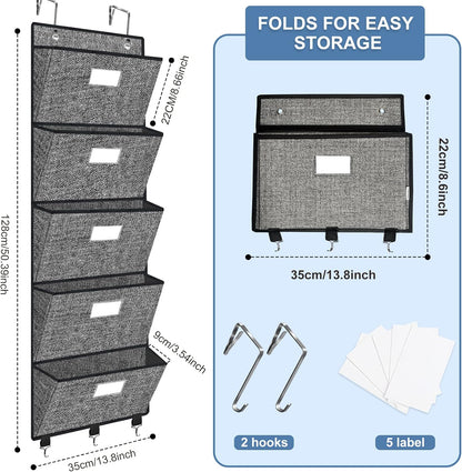 homyfort Over the Door File Organizer, Wall Hanging File Folders with 5 Large Pocket for Mails, Magazines, Back to School Supplies,Office Chart Storage, Paper Organization (Grey)