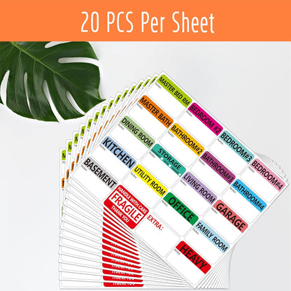 Hebayy 500 pcs 20 Designs Pre-Printed Color-Coded Home Moving Packing Box Labels with Writable Notes Areas, Each Measures 2” x 3”