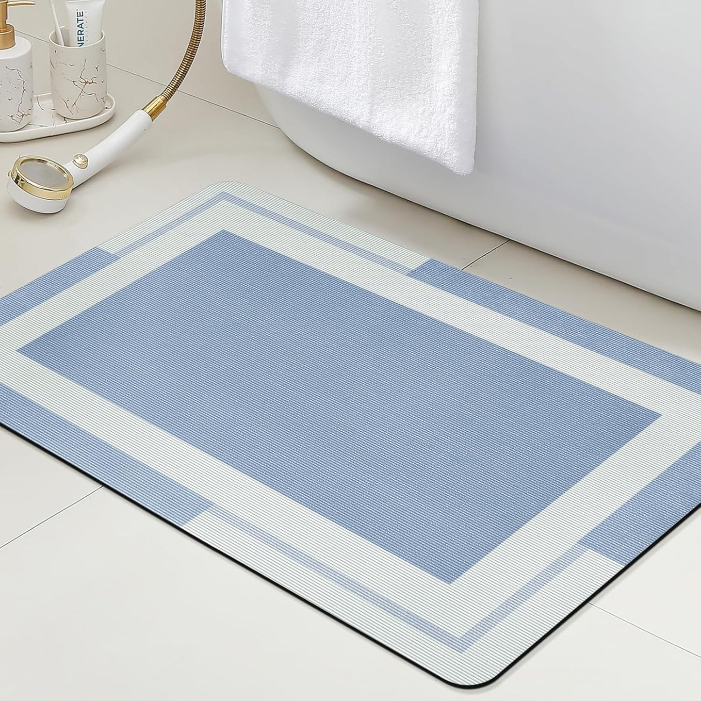 ACCUMTEK Non Slip Bath Mat, Thin Bathroom Rugs Fit Under Door, Quick Dry Bath Mats, Machine Washable Bath Rugs for Bathroom, Bathtub & Kitchen, Grey/Bordered/24 x17