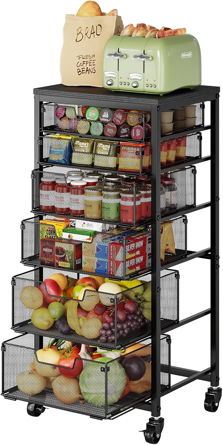4 Tier Kitchen Rolling Cart, Kitchen Storage Cart with Wheels, Adjust Pantry Organizer and Storage Cart with Drawer, Fruit Vegetable Spice Storage Cart, Wooden Top Metal Kitchen Organizer Rack Stand