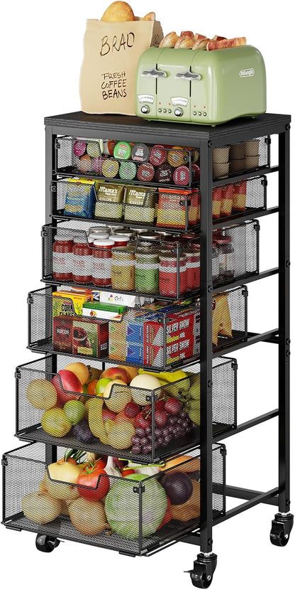 4 Tier Kitchen Rolling Cart, Kitchen Storage Cart with Wheels, Adjust Pantry Organizer and Storage Cart with Drawer, Fruit Vegetable Spice Storage Cart, Wooden Top Metal Kitchen Organizer Rack Stand