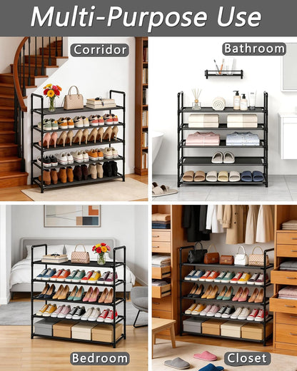 5 Tier Tall Shoe Rack Large Capacity, 34.5" Wide Entryway Shoe Organizer, Stackable Metal Frame Waterproof Nonwoven Shelves, Holds 20-25 Pairs, Space Saving Storage for Closet Hallway Garage, Black