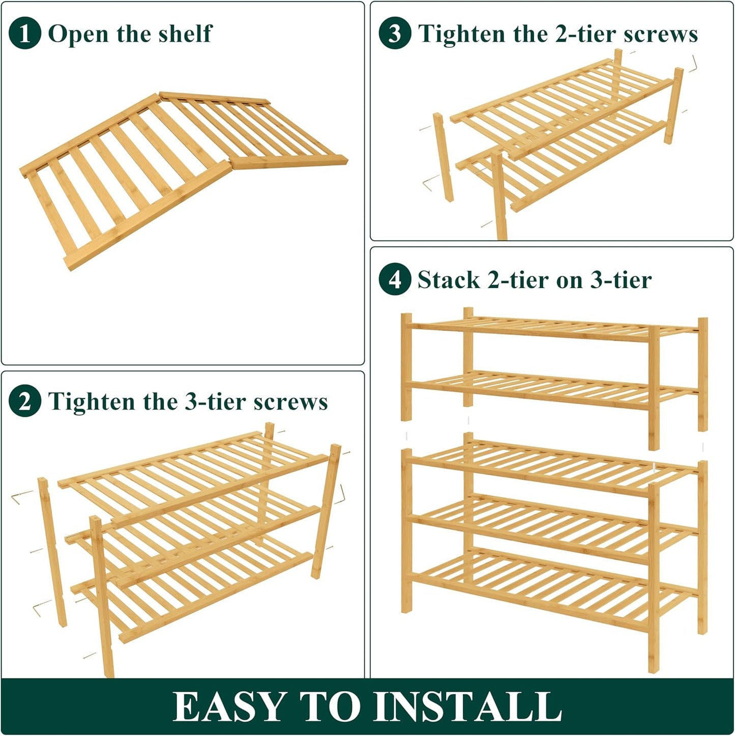 Smiry Bamboo Shoe Rack for Closet, 3 Tier Wooden Shoe Organizer, Stackable Wood Shoe Storage Shelf for Entryway, 14 Vertical Slats, One-piece Heavy-Duty Legs, 26.77"x11.02"x18.31", Natural