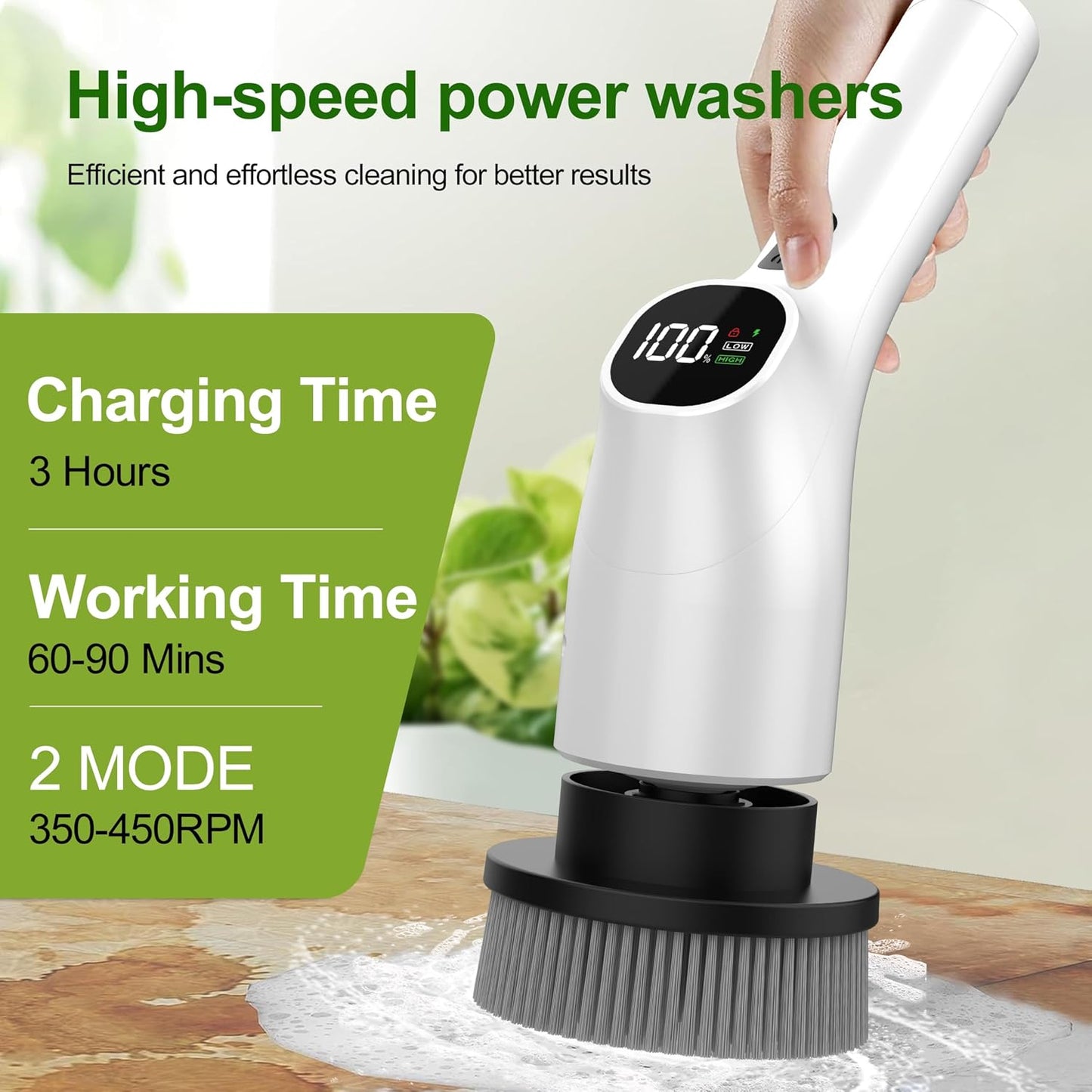 Electric Spin Scrubber, Shower Scrubber with Long Handle Adjustable LCD Display, 2 Speed Shower Cleaner, 7 Replaceable Brush Heads Bathroom Cleaning Brush, Bath Tub Power Scrubbers Black G3