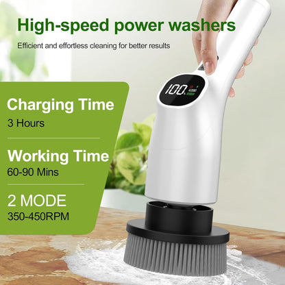 Electric Spin Scrubber, Shower Scrubber with Long Handle Adjustable LCD Display, 2 Speed Shower Cleaner, 7 Replaceable Brush Heads Bathroom Cleaning Brush, Bath Tub Power Scrubbers Black G3