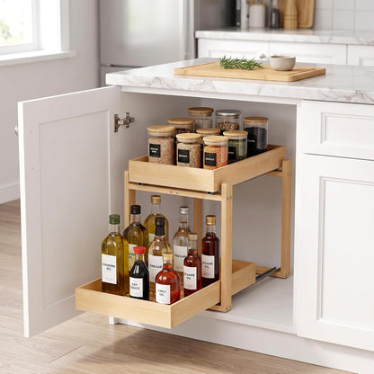 Bamboo Under Sink Organizer and Storage, 2 Pack Pull Out Cabinet Organization, 2 Tier Vertical Slide Out Undersink Storage Shelf, Multi-Purpose Organizer Shelves for Kitchen Bathroom Medicine