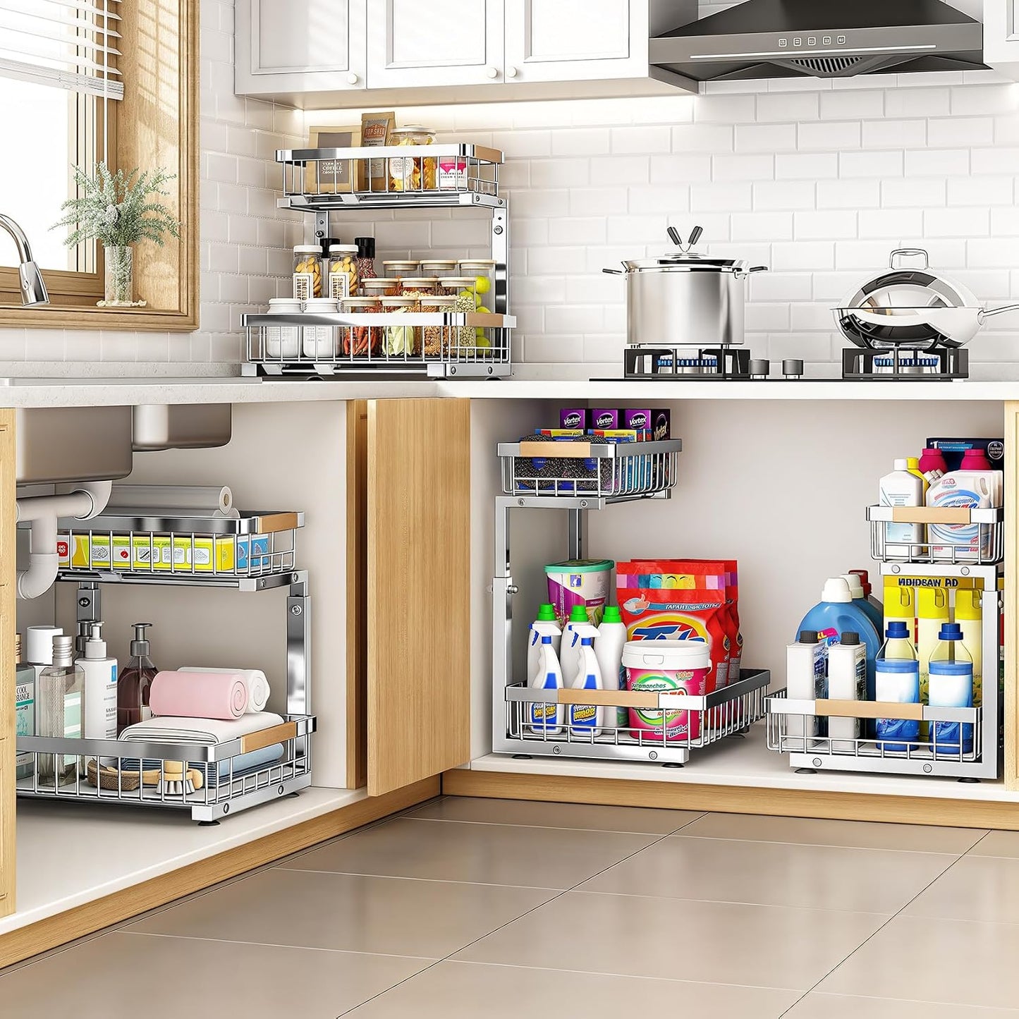 PXRACK Under Sink Organizer, Adjustable Height, 2 Tier Pull Out Under Cabinet Organizer, Slide Out Thickened Metal Under Sink Storage for Kitchen Bathroom Laundry Pantry Cabinet, White, Large-1-Pack