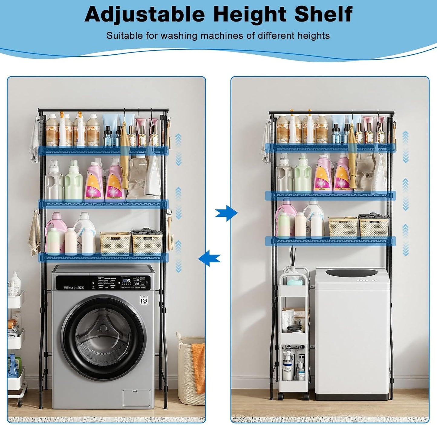 Over Washer and Dryer Shelves 3 Tiers Laundry Room Shelf Adjustable Height Metal Freestanding Clothes Drying Rack with Hanger Rod & Hooks Laundry Storage Organizer Black
