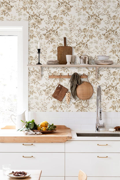 Erfoni 16.9" x118" Boho Floral Peel and Stick Wallpaper Beige Flower and Leaf Contact Paper Self Adhsive Removable Wallpaper Boho Botanical Wall Paper for Bedroom Cabinets Decor Vinyl Roll Waterproof