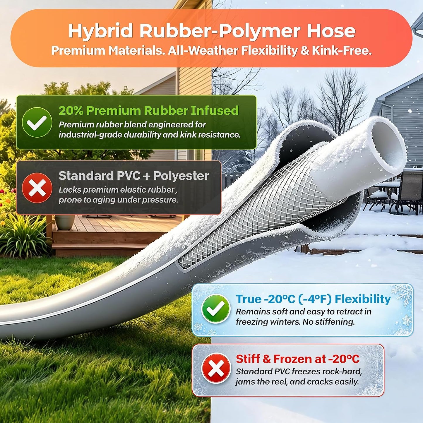 Ayleid Retractable Rubber Hybrid Garden Hose Reel, 1/2"x100ft Wall Mount | Anti-freeze, kink-free premium rubber hybrid hose, 24-month warranty, 9-pattern sprayer, any-length lock, slow auto-return.