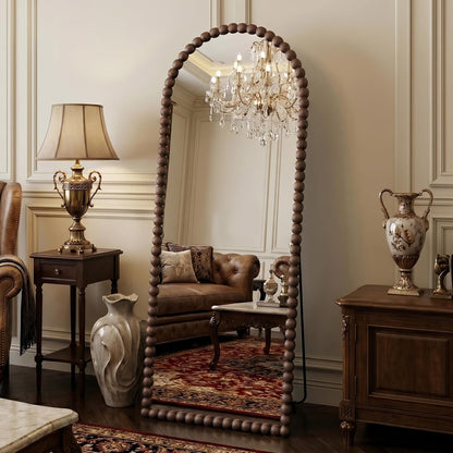 Antok 58" x 21" Arched Full Length Mirror, Antique Beaded Frame Floor Standing or Wall Mounted Mirror with Stand for Bedroom, Entryway, Brown, Luxury Style