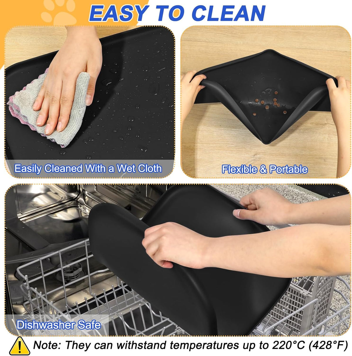 SMILOOL Silicone Pet Food Mat with Raised Edge for Food and Water Bowl, Dog Feeding Mats, Cat Food Trays for Floor Waterproof, Rubber Tray for Dogs and Cats, 19 x 12 x 0.7 Black