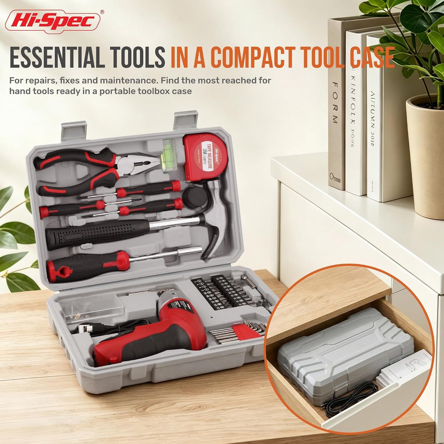 Hi-Spec 4V Electric Screwdriver Tool Kit Set. Cordless USB Rechargeable Screwdriver with Home Repair Tools. 42pc Compact Portable Case, DIY Kit for Beginners and the Household - Green