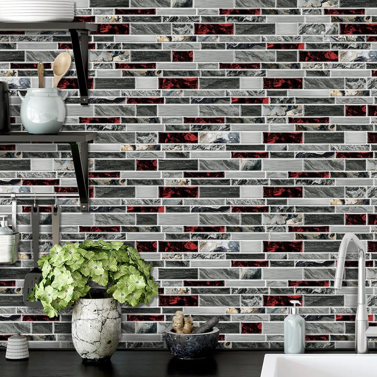 36 Sheets of Self Adhesive Marble Tile Wall Tiles Vinyl Sticker | 9.68 x 4.72in Water Resistant, Easy to Stick and Peel off, Suitable for DIY Decoration on Ceilings and Walls (Black)