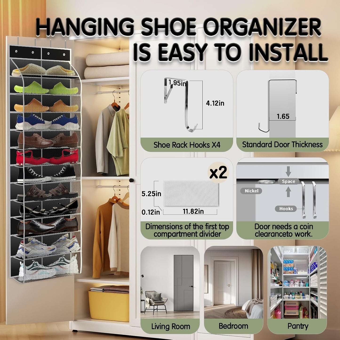 Kotkn Over The Door Shoe Organizer with 12 Large Breathable Pockets - Durable Hanging Storage for the Entire Family's Shoes (White)