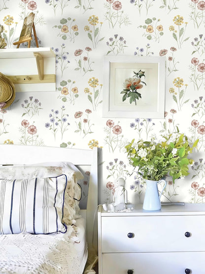 Dimoon 17.3''x78.7'' Vintage Peel and Stick Wallpaper Boho Beige Neutral Contact Paper White Floral Bird Wallpaper Removable Botanical Renter Friendly Modern Wall Paper Bedroom Bathroom Vinyl Roll