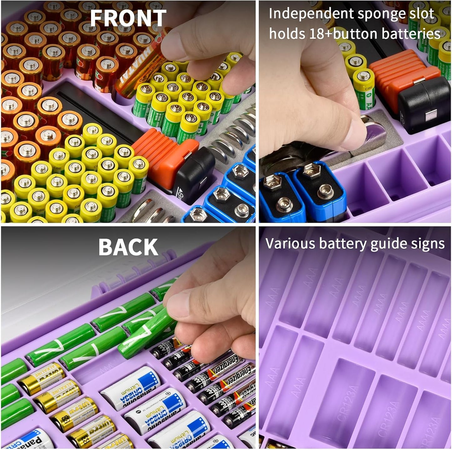 Battery Organizer Storage Case with Tester for 269 Batteries, Double Sides | Plastic, For AA AAA 4A C D Cell 9V 3V LR44 CR2 CR123 CR1632 18650 Button, Wall/Drawer, For Families/DIY/Home/Garage, Grey