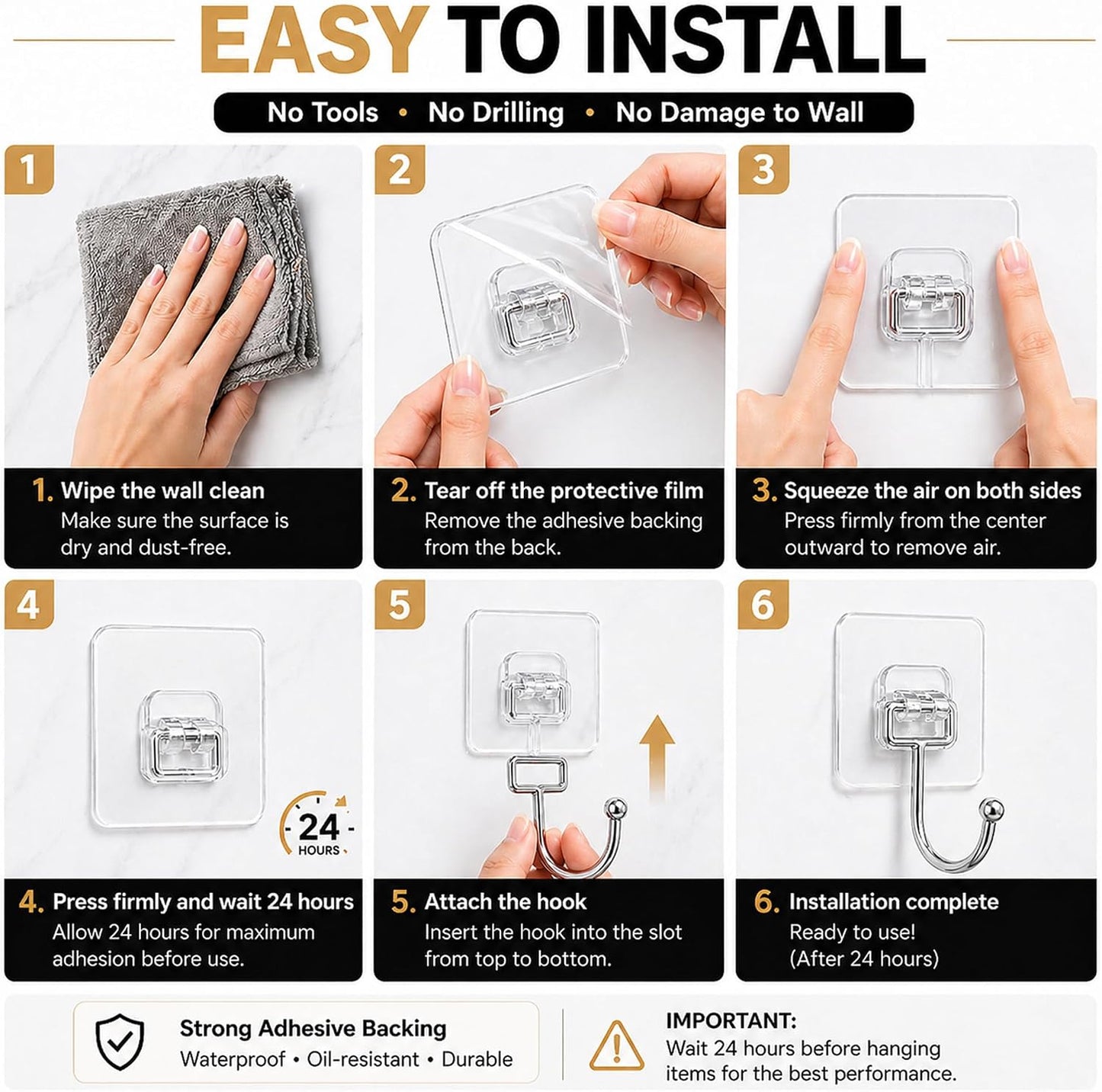 Heavy Duty Adhesive Hooks 60lb Max, 12 Pack Wall Hooks, Strong Stick On Hooks Traceless Waterproof & Rustproof for Bathroom Kitchen Home Hanging (12, Clear)