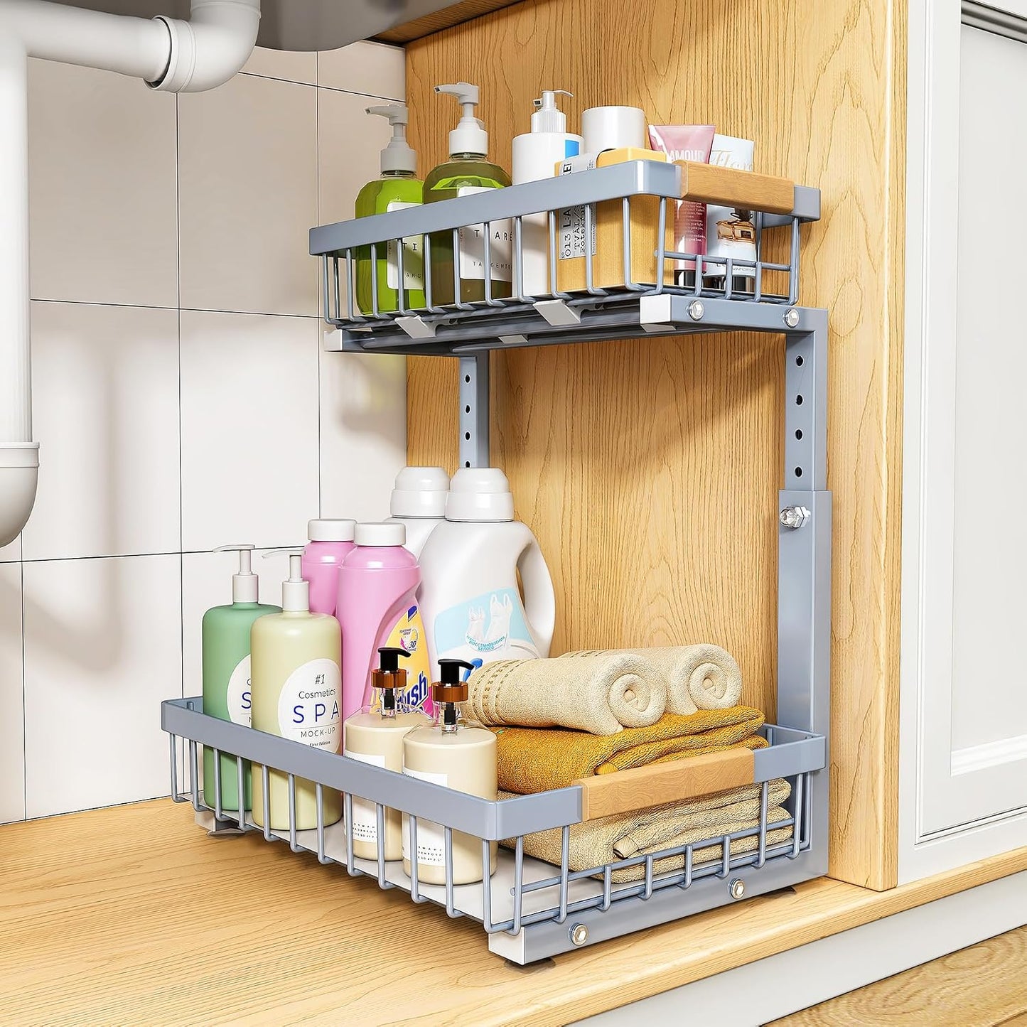 PXRACK Under Sink Organizer, Adjustable Height, 2 Tier Pull Out Under Cabinet Organizer, Slide Out Thickened Metal Under Sink Storage for Kitchen Bathroom Laundry Pantry Cabinet, White, Large-1-Pack