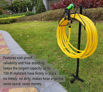 Artigarden Freestanding Garden Hose Holder Hanger, Outdoor Heavy Duty Metal Water Hose Storage Holders Stand Organizer Rack Detachable Stake, Holds 150 Ft of Hoses for Outside Lawn Yard, Black