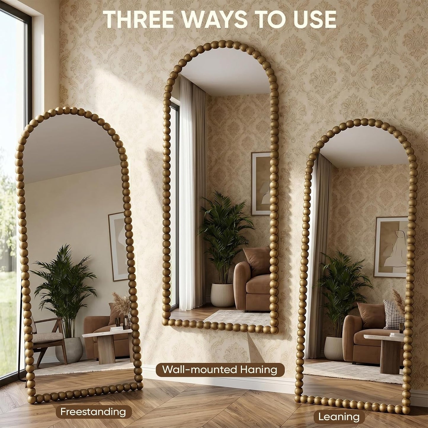Antok 58" x 21" Arched Full Length Mirror, Antique Beaded Frame Floor Standing or Wall Mounted Mirror with Stand for Bedroom, Entryway, Brown, Luxury Style