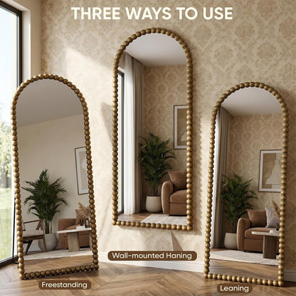 Antok 58" x 21" Arched Full Length Mirror, Antique Beaded Frame Floor Standing or Wall Mounted Mirror with Stand for Bedroom, Entryway, Brown, Luxury Style