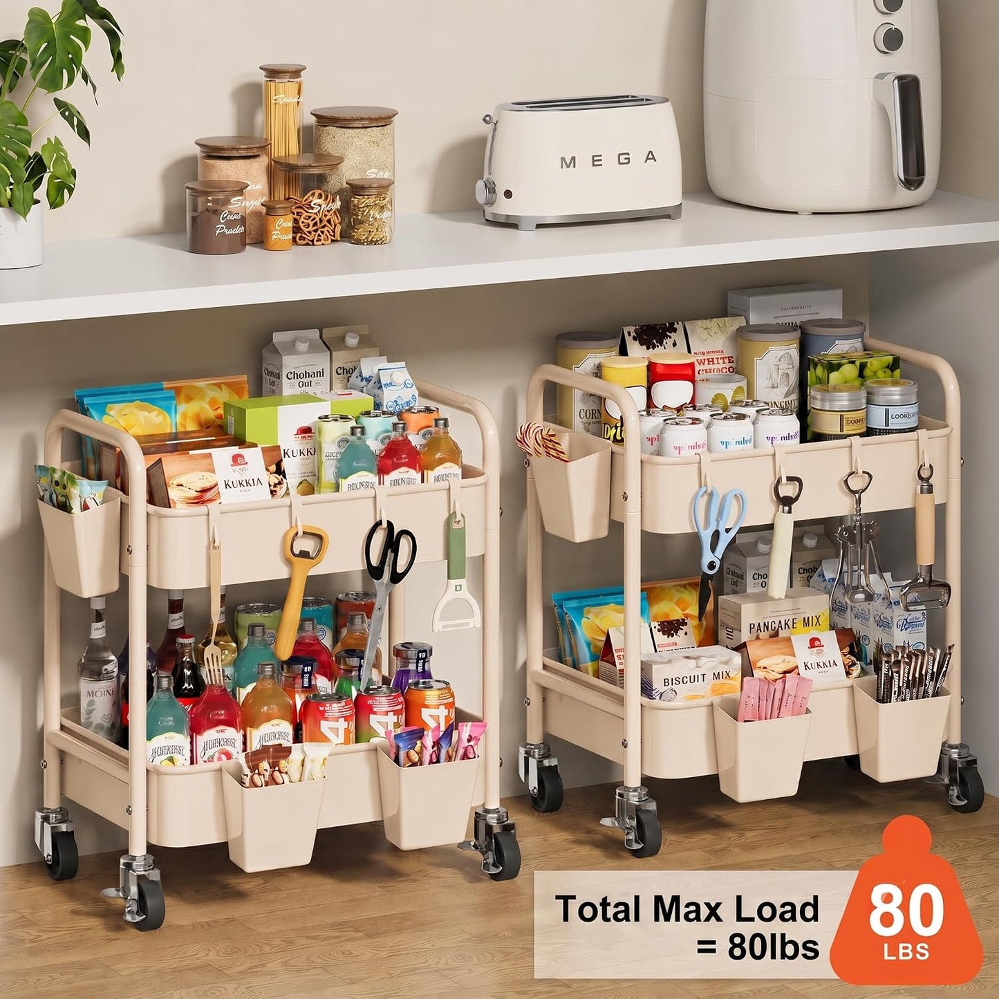 2 Tier Small Rolling Cart Metal with Wheels, White Under Desk Storage Cart on Wheels, Short Utility Roller Caddy Carts Organizer for Art,Craft,Pantry,Bathroom, Two Tiered Shelf Trolley,22 Inches Tall