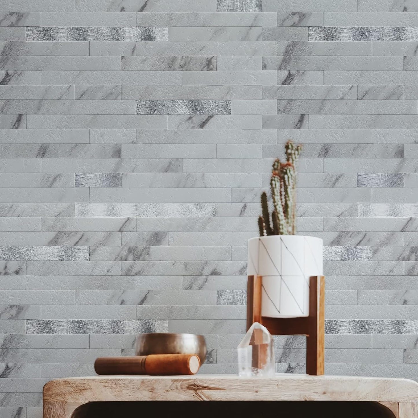 Art3d 10-Sheet Peel and Stick Backsplash Tile for Kitchen Bathroom Fireplace Laundry Room in White Slate with Gold Studded