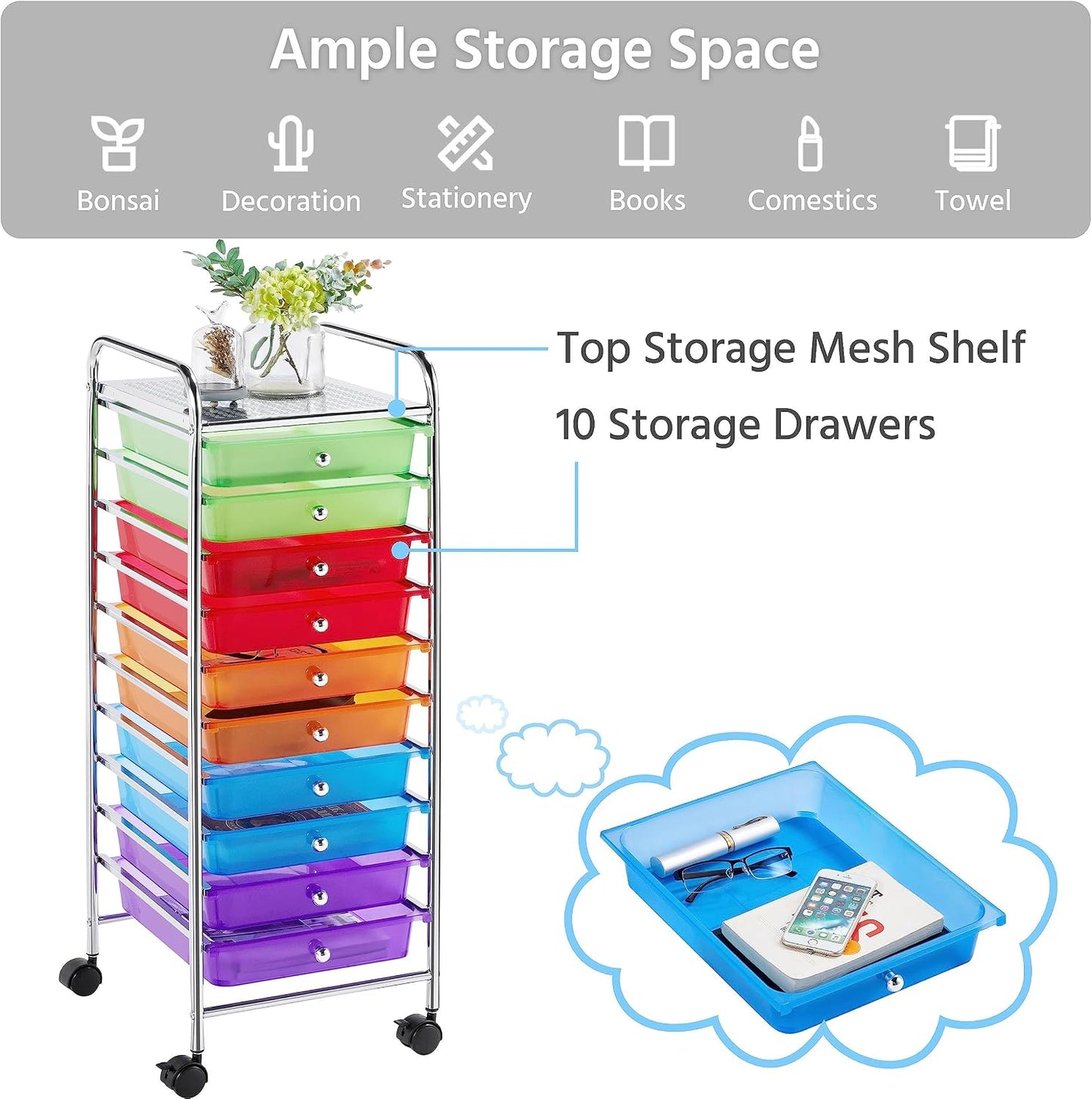 Yaheetech 4-Drawer Rolling Storage Cart with Wheels, Slim Organizer, Black | Four drawers plus a top shelf organize craft to bath gear; slim chrome-steel frame, plastic bins, locking wheels, easy setup.