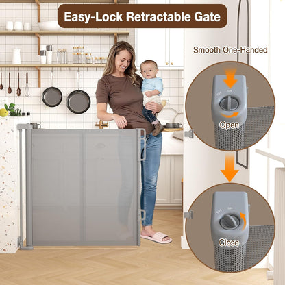 Reinforced 120" Extra Wide Retractable Baby Gates for Stairs, Mesh Saftey Gate for Pets, 10 Foot Retractable Dog Gate, No Drilling, One-Hand Operation, Retractable Gate for Indoor & Outdoor Use