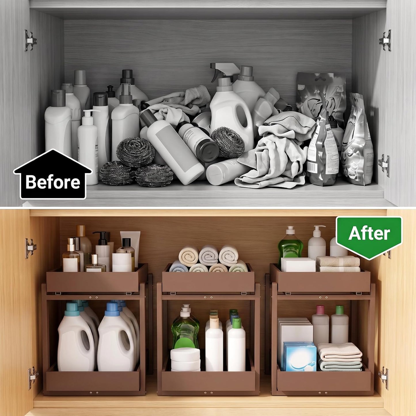 Bamboo Under Sink Organizer and Storage, 2 Pack Pull Out Cabinet Organization, 2 Tier Vertical Slide Out Undersink Storage Shelf, Multi-Purpose Organizer Shelves for Kitchen Bathroom Medicine