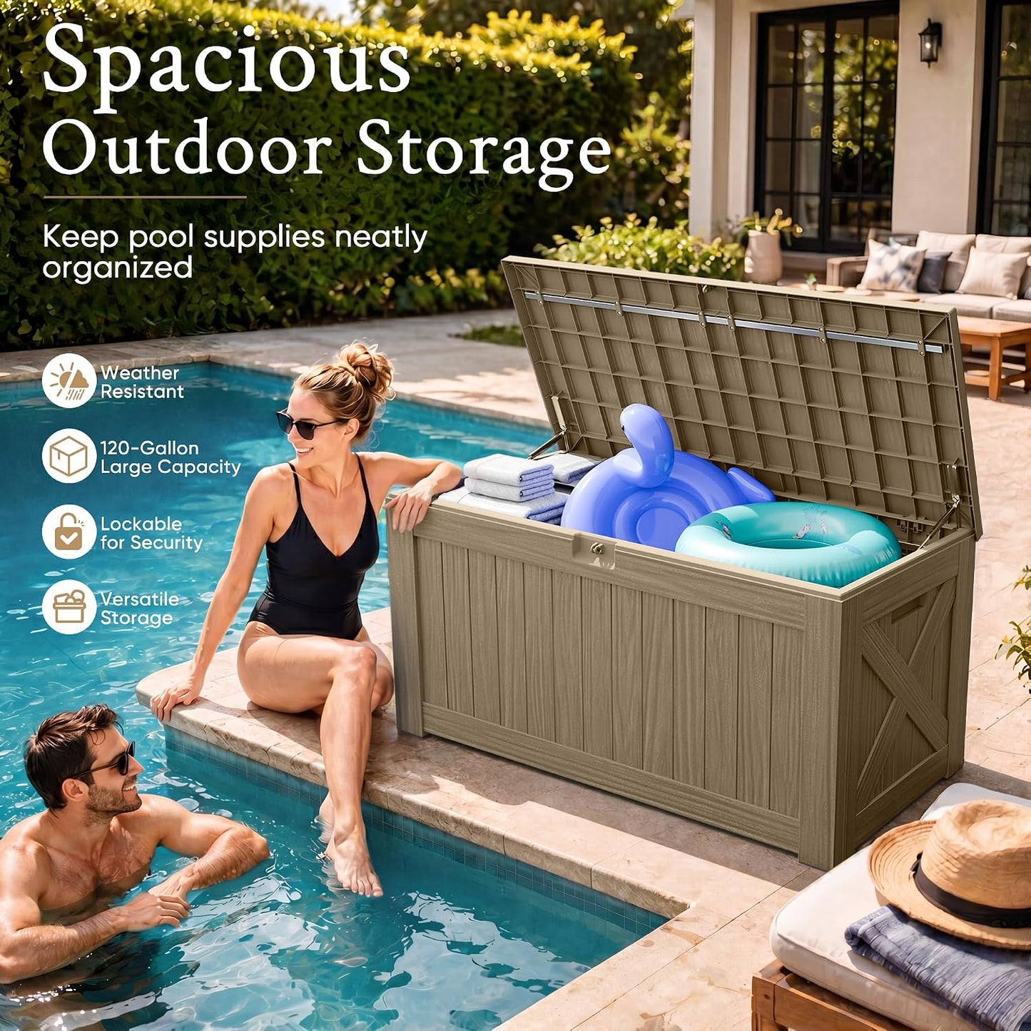 Devoko 120 Gallon Deck Box Resin Outdoor Storage Box Waterproof for Patio, Large Outdoor Storage Bench Lockable for Outside (Black)