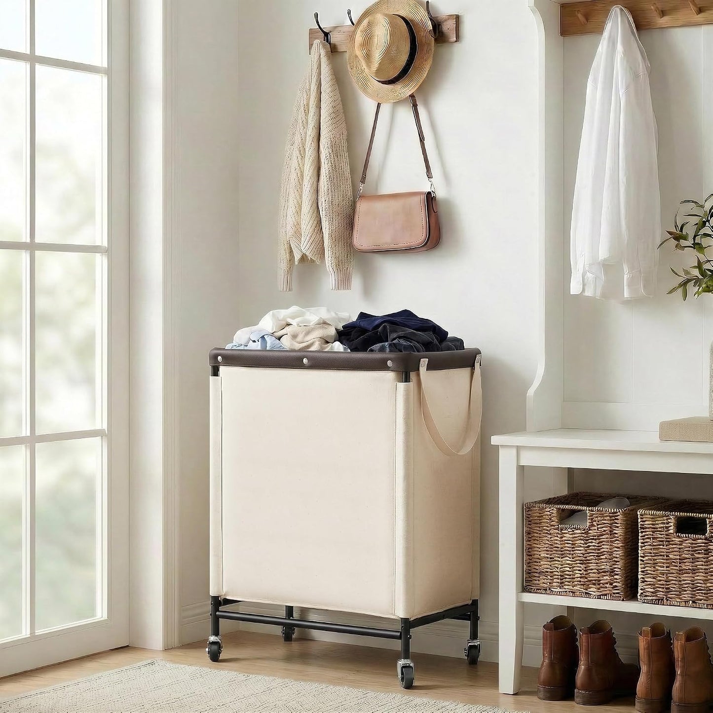StorageWorks 3 Section Laundry Hamper, Rolling Laundry Cart with Wheels and Handles, Laundry Room Double Sorter for Organizer and Storage, 31.7 Gal(120L), Beige