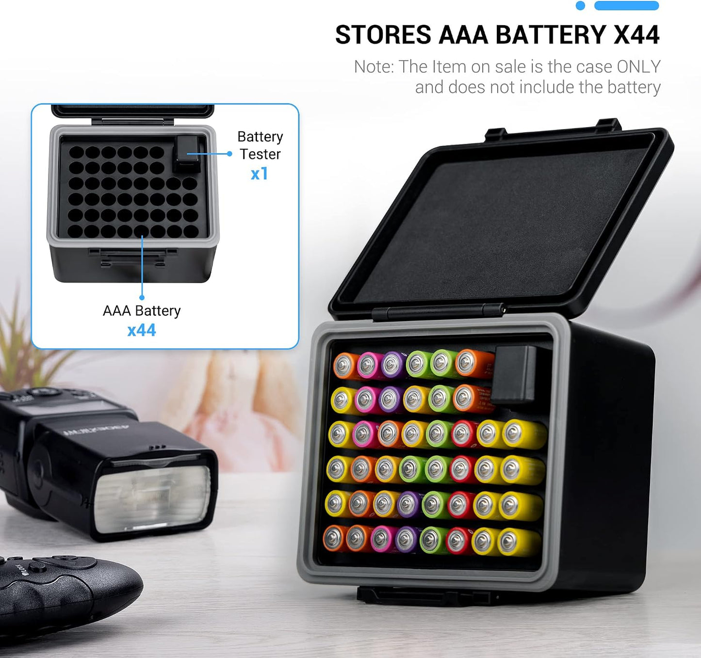 JJC AA AAA Battery Hard Case with Tester Checker, 34 Slots Battery Storage Organizer for 20 AA and 14 AAA Batteries, Water-Resistant and Shockproof Batteries Holder Container