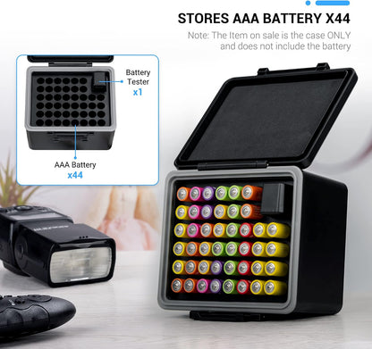 JJC AA AAA Battery Hard Case with Tester Checker, 34 Slots Battery Storage Organizer for 20 AA and 14 AAA Batteries, Water-Resistant and Shockproof Batteries Holder Container