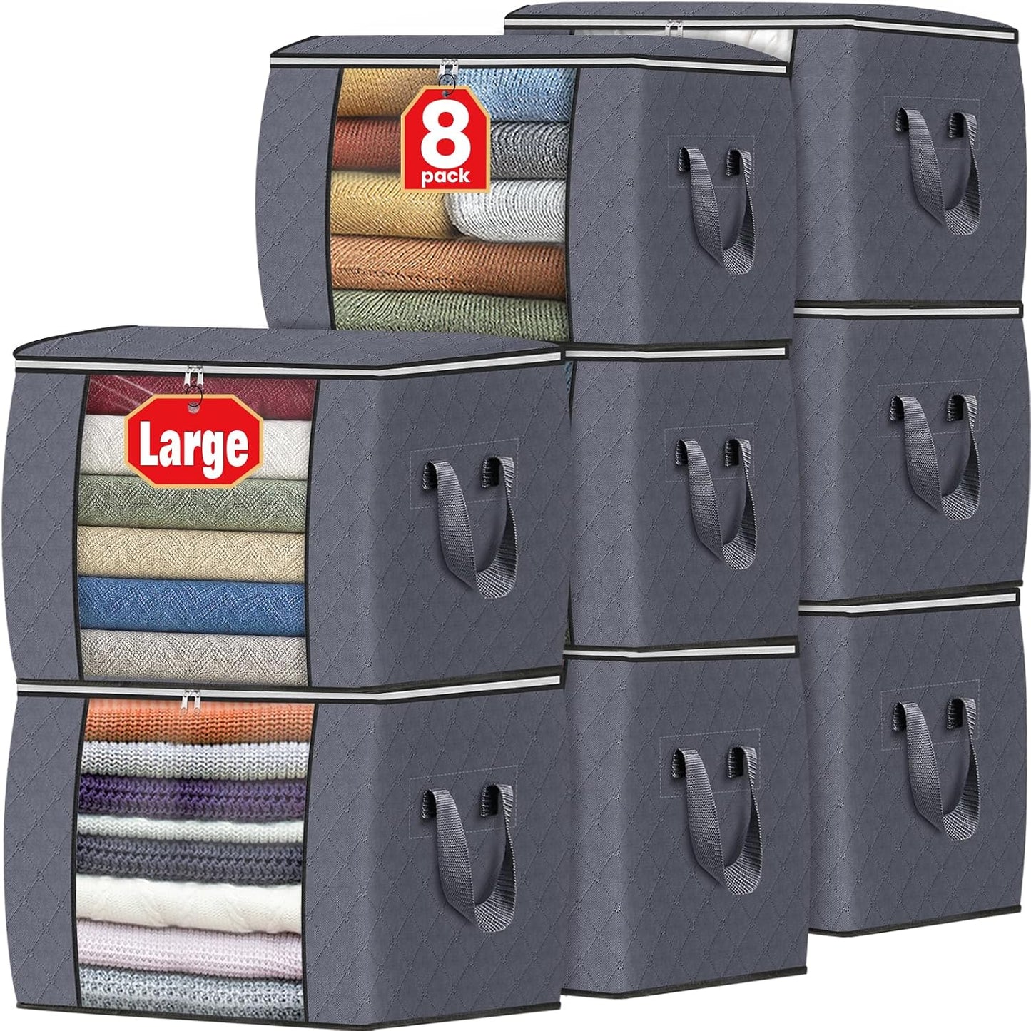 Fab totes 6 Pack Storage Bags for Clothes and Blanket, Foldable Closet Organizers and Storage with Zippers, Clear Window and Handles, Fabric Storage Bins for Sweater, Comforter, Bedding,Linen Sheets
