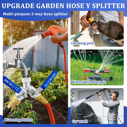 Garden Hose Splitter 2 way Heavy Duty, Brass Water Hose Splitter High Flow With Long Handle, 3/4 Inch Garden Hose Y Valve Garden Splitter, Full Flow Y Valve Hose Splitter With Wrench