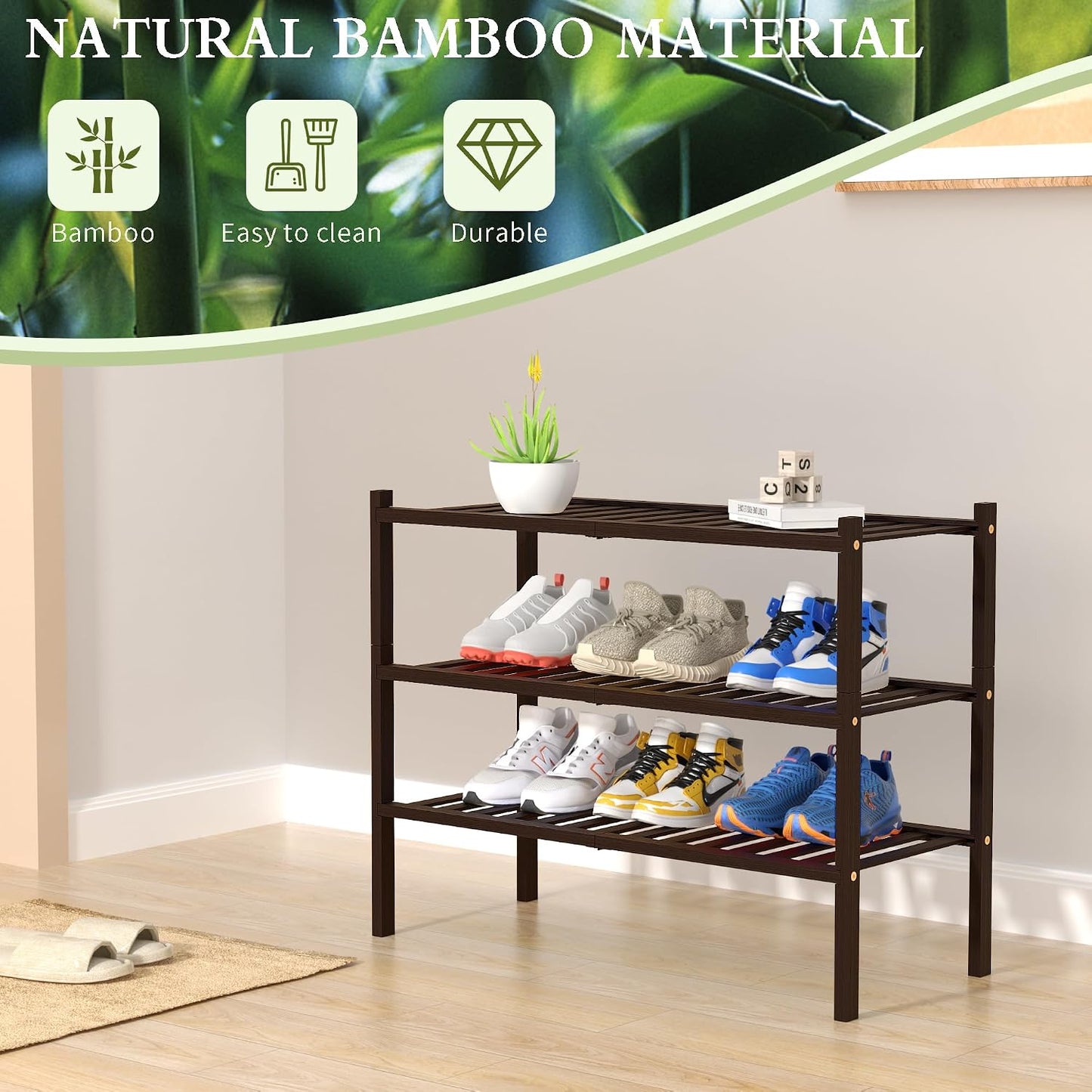 ROMGUAR CRAFT 3 Tier Bamboo Shoe Rack for Closet Free Standing Wood Shoe Shelf Storage Organizer for Entryway Small Space Stackable 27"x11"x20" (Natural)
