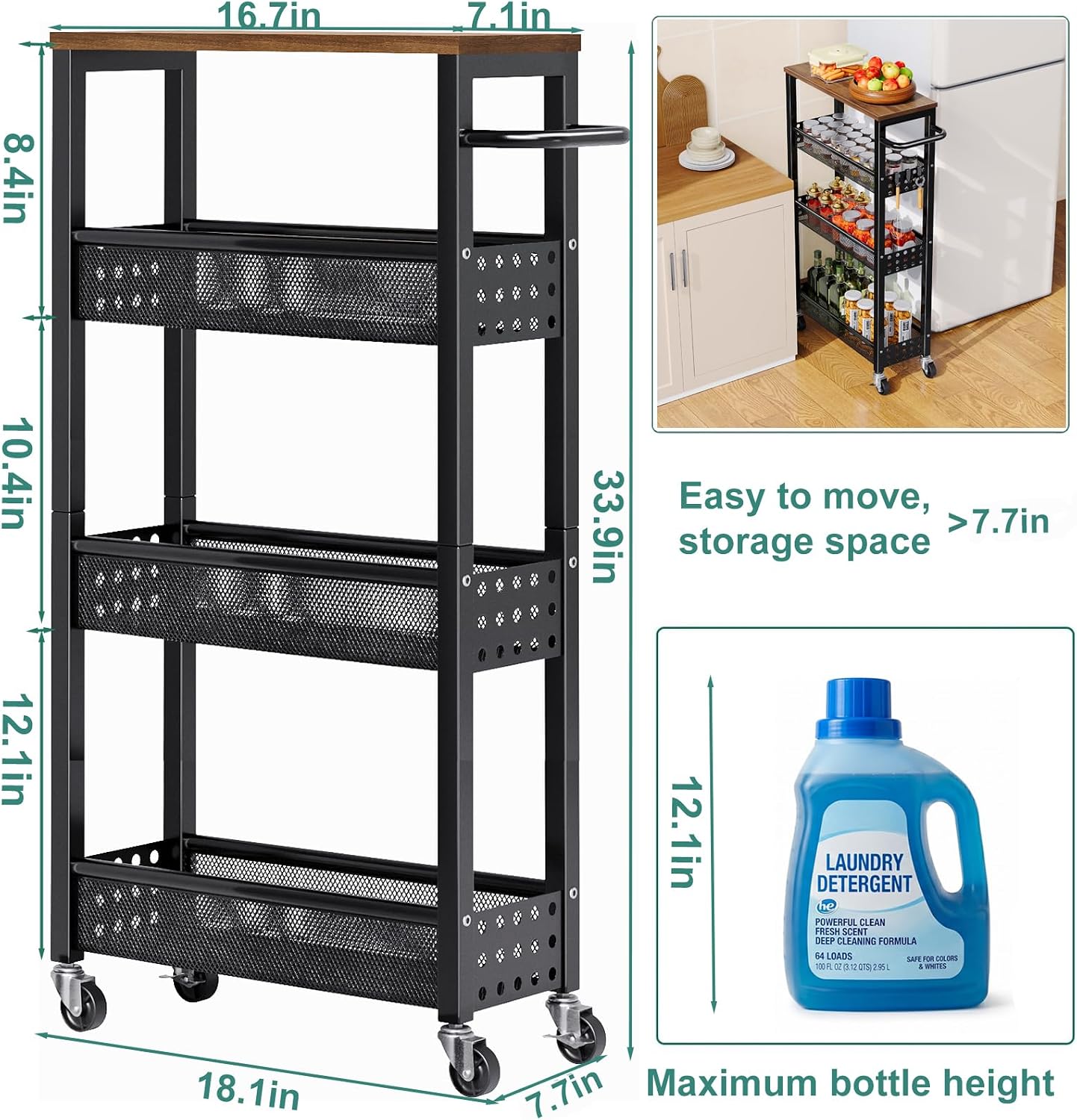 Utility Slim Storage Cart, 4-Tier Narrow Bathroom Organizers and Storage Cart, Narrow Metal Kitchen Laundry Room Organization Shelf with Wood Top, Slim Rolling Carts with Wheels for Small Space