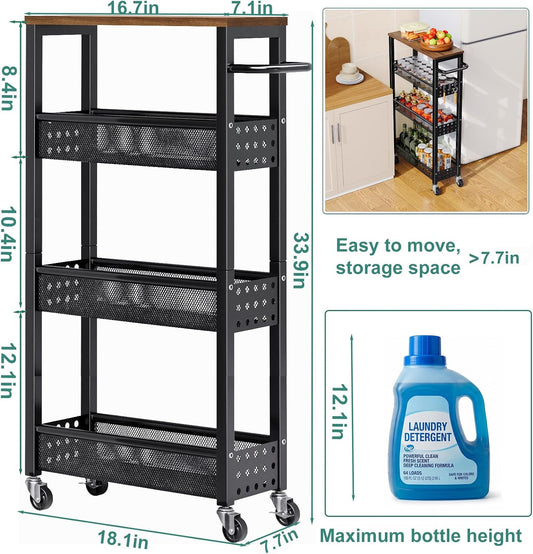 Utility Slim Storage Cart, 4-Tier Narrow Bathroom Organizers and Storage Cart, Narrow Metal Kitchen Laundry Room Organization Shelf with Wood Top, Slim Rolling Carts with Wheels for Small Space