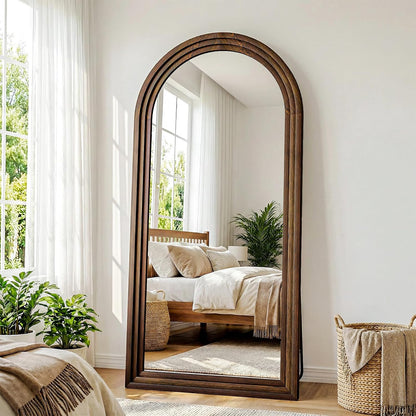 30"x71" Full Length Mirror Solid Wood Frame, Arched Floor Mirror Full Length with Stand, Room Decor Big Full Body Mirror with HD Tempered Glass for Bedroom, Living Room, Walnut Wood