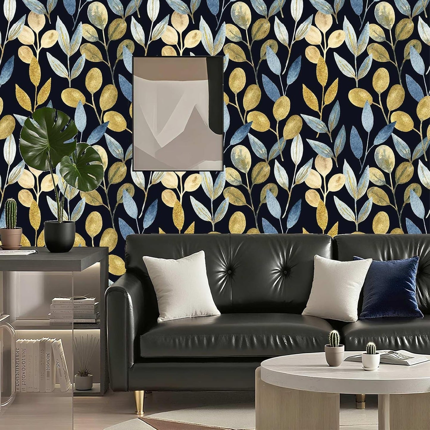 Blue Gold Leaf Peel and Stick Wallpaper Modern Self Adhesive Contact Paper Waterproof Removable Wall Paper for Bathroom Living Room 17.7"x70.8" Luxury Decorative Wallpaper