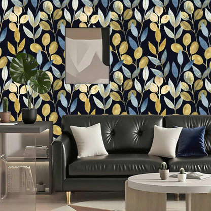 Blue Gold Leaf Peel and Stick Wallpaper Modern Self Adhesive Contact Paper Waterproof Removable Wall Paper for Bathroom Living Room 17.7"x70.8" Luxury Decorative Wallpaper